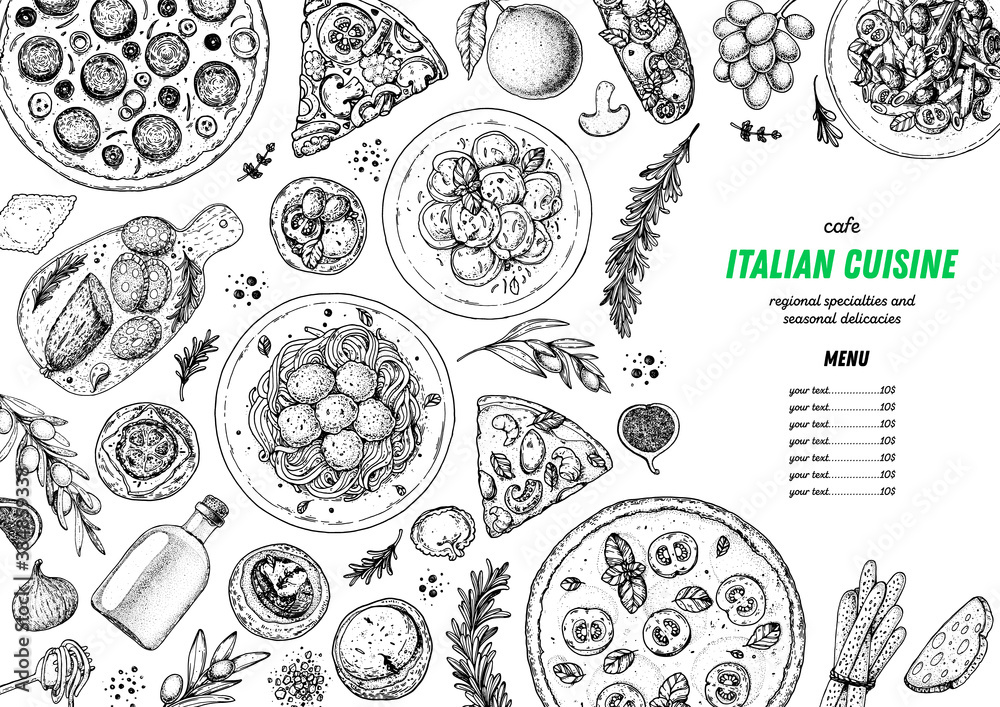 Italian Food. Top view. Sketch illustration. Italian cuisine. Design template. Hand drawn illustration. Black and white. Engraved style. Authentic dishes. - obrazy, fototapety, plakaty 
