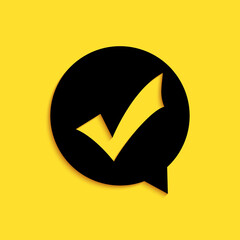Poster - Black Check mark in circle icon isolated on yellow background. Choice button sign. Checkmark symbol. Speech bubble icon. Long shadow style. Vector.