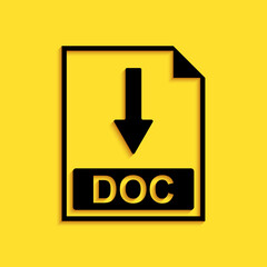 Poster - Black DOC file document icon. Download DOC button icon isolated on yellow background. Long shadow style. Vector.