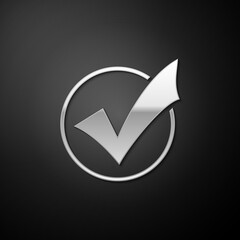 Poster - silver check mark in round icon isolated on black background. check list button sign. long shadow st