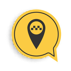 Poster - Black Map pointer with taxi icon isolated on white background. Yellow speech bubble symbol. Vector.