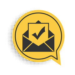 Poster - Black Envelope with document and check mark icon isolated on white background. Successful email delivery confirmation, successful verification concept. Yellow speech bubble symbol. Vector.