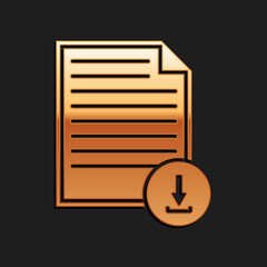 Poster - Gold Document with download sign icon isolated on black background. File document symbol. Long shadow style. Vector.