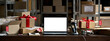 © insta_photos - Table with laptop mock up screen, gift boxes with sale tags in warehouse. Online ecommerce retail business black friday discount deals, free shipping ad. Best buy holiday offer background, banner.
