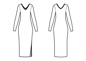 Poster - Elegant slim midi dress with V-neck, flat sketch, front and back views