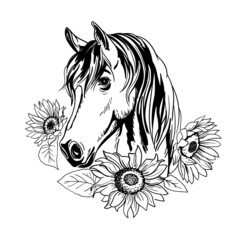 Horse portrait with flowers sunflowers. Floral frame, wreath with unicorn black and white. Monochrome Illustration Vector Sketch hand drawn. Graphics, giclee, invitation