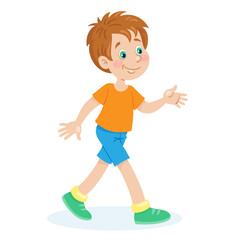 Canvas Print - Funny little boy going. In cartoon style. Isolated on white background. Vector flat illustration.