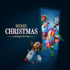 Wall Mural - merry christmas card with santa claus elf and animals delivering presents