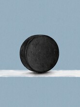Minimalistic Drawing Of A Hockey Puck On A Line On The Ice. Mockup Poster Design.