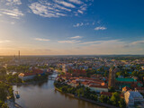 Fototapeta Miasto - Aerial panoramic view of Wroclaw old town and Cathedral on the shore of Odra