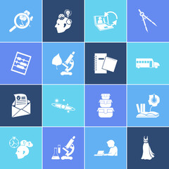 School icon set and abak with audio course, science research and quiz. Evening wear related school icon vector for web UI logo design.