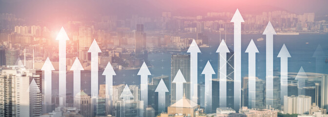 Wall Mural - financial growth arrow chart city view website panoramic header banner. investment, stock trading, e