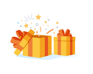 open gift box, ribbons and confetti isolated on white background. surprise event celebration, design