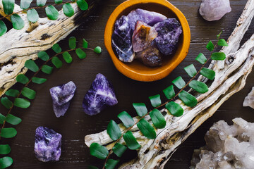 Poster - Amethyst with Smoky Quartz with Bleached Wood and Fern