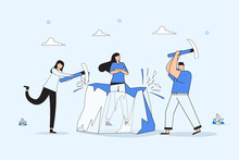 Ice Breaking Or Icebreaker Activity, Game And Event. Vector Artwork Of A Group Of People Using Sledgehammer To Break It