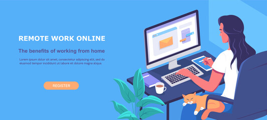 Young woman works remote online isometric vector illustration 