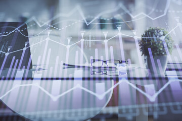  Double exposure of financial graph drawing and office interior background. Concept of stock market.