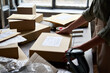 © insta_photos - Female distribution warehouse worker or seller packing ecommerce shipping order box for dispatching, preparing post courier delivery package, dropshipping commerce retail shipment service concept.
