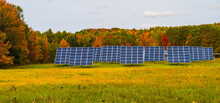 Rural Farm Field Harvesting The Energy From The Sun With Solar Panels  With Trees In Fall Foliage Colors In The Background
