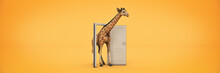 Giraffe Walks Through The Open Door. 3d Rendering