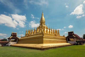 Wall Mural - Pha That Luang Vientiane Golden Pagoda in Vientiane, Laos. sky background beautiful.