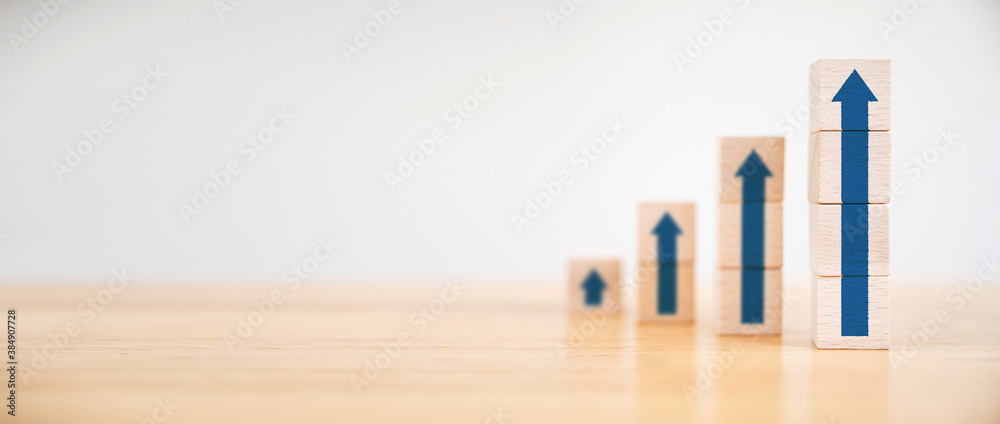 Ladder career path for business growth success process concept.Wood block stacking as step stair with arrow up. Panoramic image - obrazy, fototapety, plakaty 