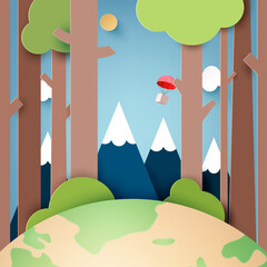 Poster - Paper art of Green nature forest landscape with red parachute on blue sky background.