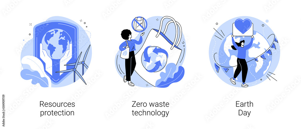Environmental activism abstract concept vector illustration set. Resources protection, zero waste technology, Earth Day, save planet, climate change, reuse reduce recycling abstract metaphor. - obrazy, fototapety, plakaty 