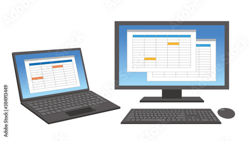 ノートpcと大画面ディスプレイのデュアルモニターのイラスト 白背景 Black Wall Mural Bla Kura