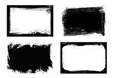 Grunge Frames Isolated Vector Black Rectangular Borders With Rough Scratched Edges. Grungy Vintage Old Texture, Dirty Spatter Vignettes, Retro Design Elements Or Photo Frames On White Background Set