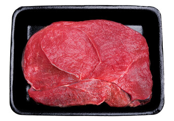 raw fresh beef knuckle steak cut in black tray isolated on white background