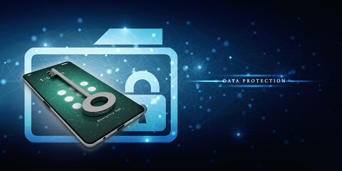 Poster - Smartphone key security concept. 3D illustration