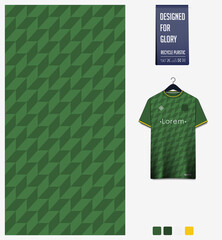 Fabric pattern design. Geometry pattern on green background for soccer jersey, football kit, bicycle, e-sport, basketball, sports uniform, t-shirt mockup template. Abstract sport background.