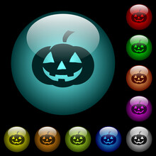 Halloween Pumpkin Icons In Color Illuminated Glass Buttons