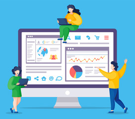 Fototapete - Web analytics information and development website statistic. Web CMS analysis measure, product testing technology, big data analytics. Dashboard site seo optimization. Digital marketing reports, flat