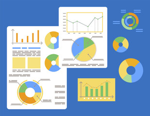 Fototapete - Set of boards with analytics information. Statistics diagrams for business report or meeting. Presentation of strategy and project planning on graphics. Vector illustration of analysis in flat style