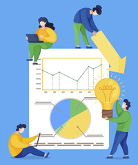 Fototapete - Men and women sitting or standing near board with analytics graphics. People working on laptops together, teamwork on project. Statistics graphs, company financial information. Vector illustration
