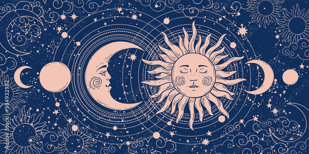 Universal Moon Magic banner for astrology, tarot, boho design. Universe art, crescent ...