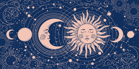 Wall Mural - magic banner for astrology, tarot, boho design. universe art, crescent moon and sun on a blue backgr