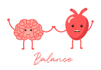 Cute pink human brain and heart holding hands cartoon in flat design. Logic and emotional balance concept vector illustration on white background.