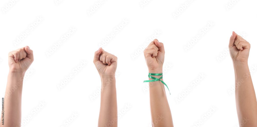 Hands of protesting people on white background