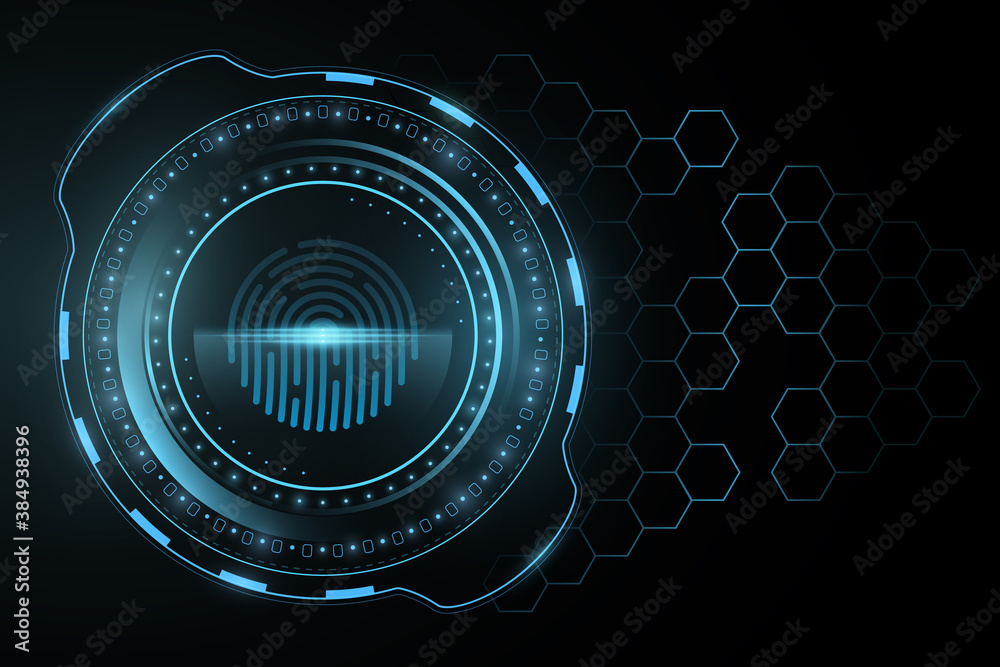 Futuristic fingerprint UI design. Scanning user data. Glowing blue HUD ...