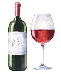 Watercolor bottle of red wine with a glass on white background. Watercolour food illustration.