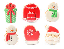 Set Of Different Christmas Cookies On White Background