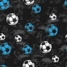 Abstract Seamless Sport Pattern. Soccer Balls And Grunge Texture On Black Background.