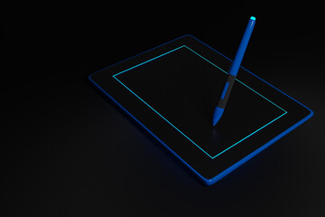 Poster - 3D illustration Pen tablet . Electronic office design device. Mockup black tablet realistic style with stylus.  Pda blank touch screen, graphic pencil on monitor.