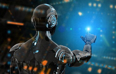 Wall Mural - Black and blue intelligent robot cyborg pointing finger on dark 3D rendering