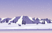 Winter Snow Pine Mountain Deer Nature Landscape Illustration