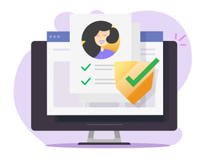 Aufkleber - Personal data security protection online shield check icon vector, privacy confidential user profile document on pc computer flat cartoon, secure identity info with check mark modern design