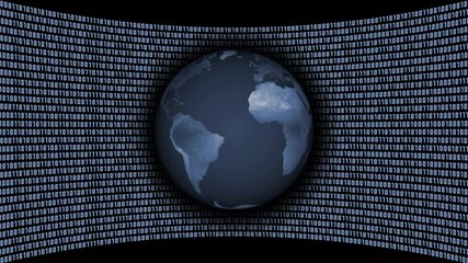 Poster - Abstract background movement - Earth globe in rotation in front of a virtual studio wall made of binary code in blue color on black background